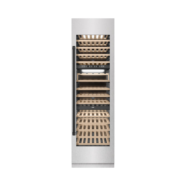 ZLINE Autograph Edition 24 in. 12.4 cu. ft. Triple Zone 100 Bottle Column Wine Cooler in Satin Stainless Steel and Matte Black Accents (RCWVZ-SN-24-MB)