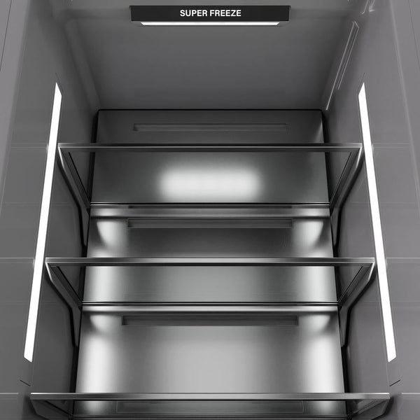 ZLINE 24 in. 12.4 cu. ft. Column Freezer in Stainless Steel with Graphite Gray Interior (RCFV-304-24) close-up detail, interior lighting.