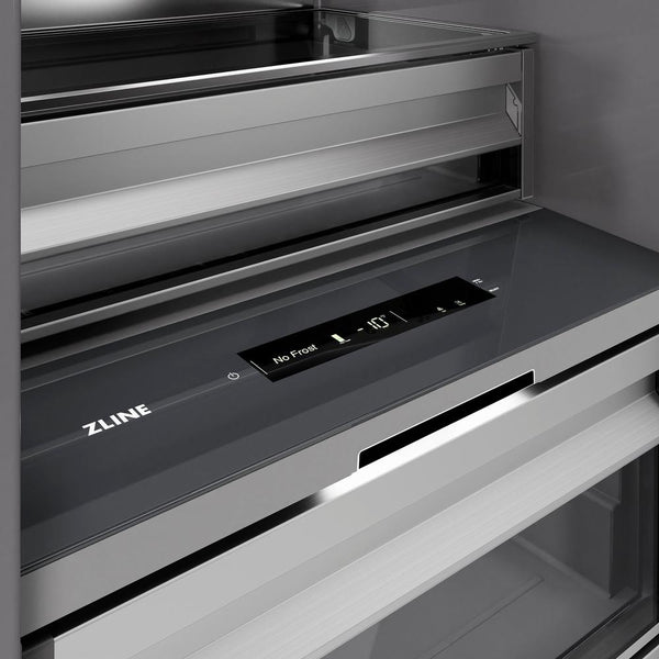 ZLINE 24 in. 12.4 cu. ft. Column Freezer in Stainless Steel with Graphite Gray Interior (RCFV-304-24) close-up detail, interior touch control panel.