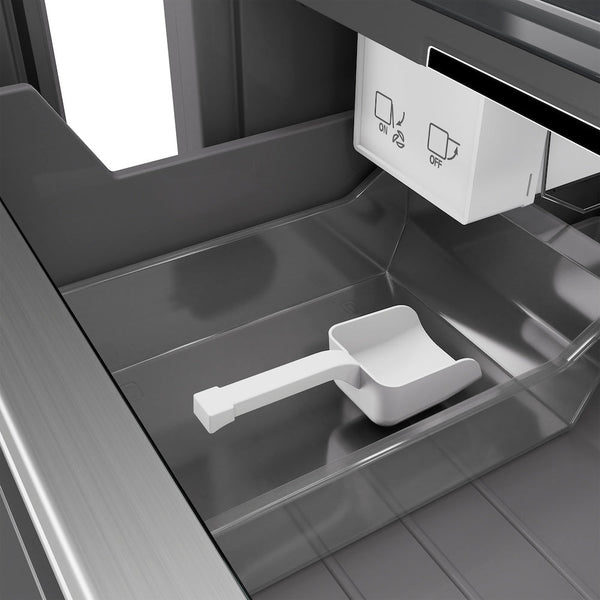 ZLINE Autograph Edition 18 in. 8.6 cu. ft. Left Hinge Column Freezer in Stainless Steel with Graphite Gray Interior and Matte Black Accents (RCFVLZ-30418-MB) close-up detail, internal ice maker and scoop.