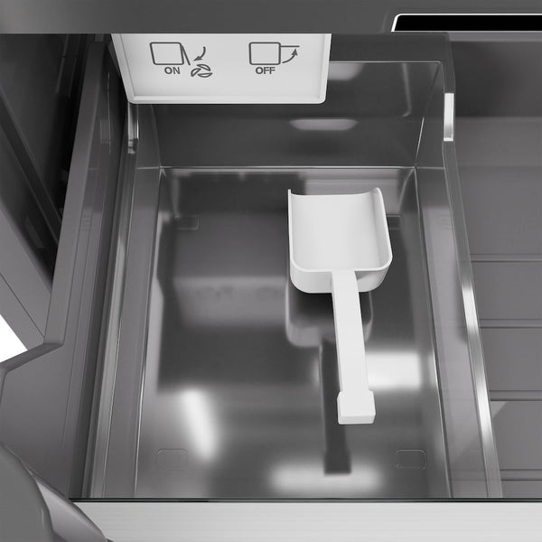 ZLINE Autograph Edition 18 in. 8.6 cu. ft. Right Hinge Column Freezer in Stainless Steel with Graphite Gray Interior and Polished Gold Accents (RCFVRZ-30418-G) close-up detail, internal ice maker and scoop.