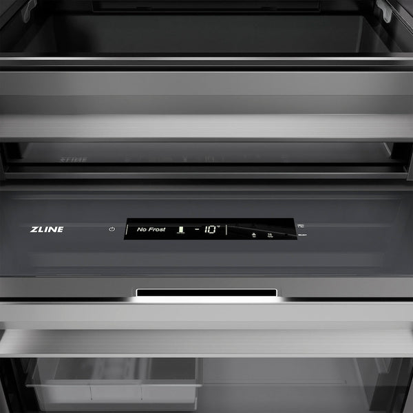 ZLINE Autograph Edition 18 in. 8.6 cu. ft. Right Hinge Column Freezer in Stainless Steel with Graphite Gray Interior and Polished Gold Accents (RCFVRZ-30418-G) close-up detail, interior touch control panel.