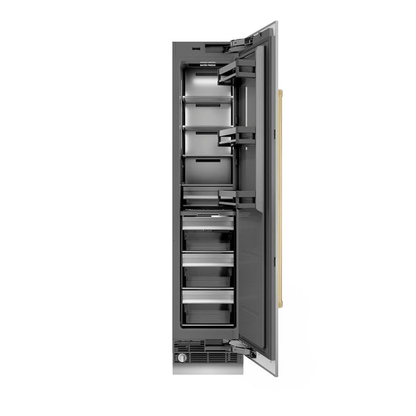 ZLINE Autograph Edition 18 in. 8.6 cu. ft. Right Hinge Column Freezer in Stainless Steel with Graphite Gray Interior and Polished Gold Accents (RCFVRZ-30418-G) front, open.