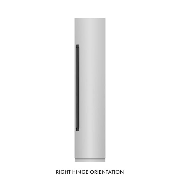 ZLINE Autograph Edition 18 in. 8.6 cu. ft. Right Hinge Column Freezer in Stainless Steel with Graphite Gray Interior and Matte Black Accents (RCFVRZ-30418-MB) front, closed.