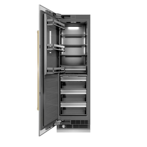 ZLINE Autograph Edition 24 in. 12.4 cu. ft. Column Freezer in Stainless Steel with Graphite Gray Interior and Champagne Bronze Accents (RCFVZ-304-24-CB) front, open.