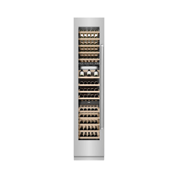 ZLINE 18 in. 9.0 cu. ft. Triple Zone 68 Bottle Left Hinge Column Wine Cooler in Stainless Steel (RCWVL-304-18) front, closed, with wine on racks.
