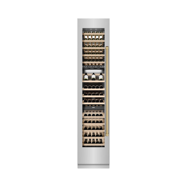 ZLINE Autograph Edition 18 in. 9.0 cu. ft. Triple Zone 68 Bottle Left Hinge Column Wine Cooler in Stainless Steel with Champagne Bronze Accents (RCWVLZ-30418-CB) front, closed, with wine on racks.