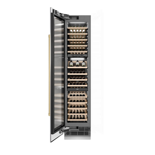 ZLINE Autograph Edition 18 in. 9.0 cu. ft. Triple Zone 68 Bottle Left Hinge Column Wine Cooler in Stainless Steel with Champagne Bronze Accents (RCWVLZ-30418-CB) front, open, with wine on racks.