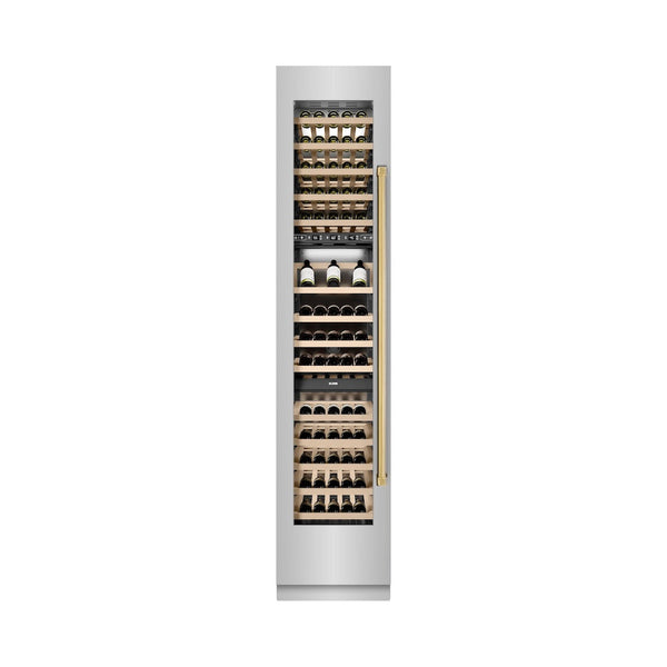 ZLINE Autograph Edition 18 in. 9.0 cu. ft. Triple Zone 68 Bottle Left Hinge Column Wine Cooler in Stainless Steel with Polished Gold Accents (RCWVLZ-30418-G) front, closed, with wine on racks.