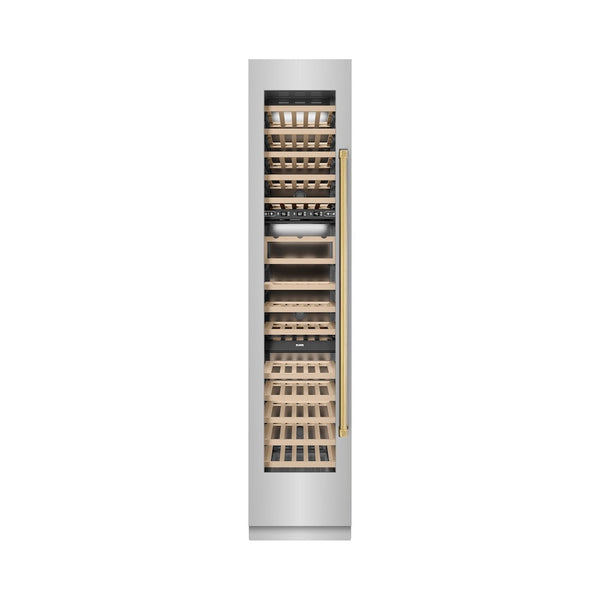 ZLINE Autograph Edition 18 in. 9.0 cu. ft. Triple Zone 68 Bottle Left Hinge Column Wine Cooler in Stainless Steel with Polished Gold Accents (RCWVLZ-30418-G) front, closed.