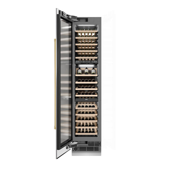 ZLINE Autograph Edition 18 in. 9.0 cu. ft. Triple Zone 68 Bottle Left Hinge Column Wine Cooler in Stainless Steel with Polished Gold Accents (RCWVLZ-30418-G) front, open, with wine on racks.
