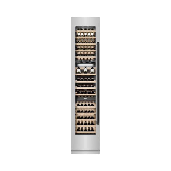 ZLINE Autograph Edition 18 in. 9.0 cu. ft. Triple Zone 68 Bottle Left Hinge Column Wine Cooler in Stainless Steel with Matte Black Accents (RCWVLZ-30418-MB) front, closed, with wine on racks.