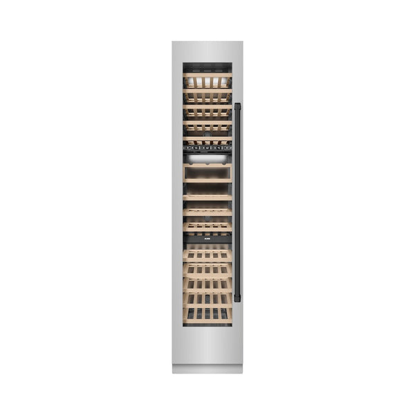 ZLINE Autograph Edition 18 in. 9.0 cu. ft. Triple Zone 68 Bottle Left Hinge Column Wine Cooler in Stainless Steel with Matte Black Accents (RCWVLZ-30418-MB) front, closed.