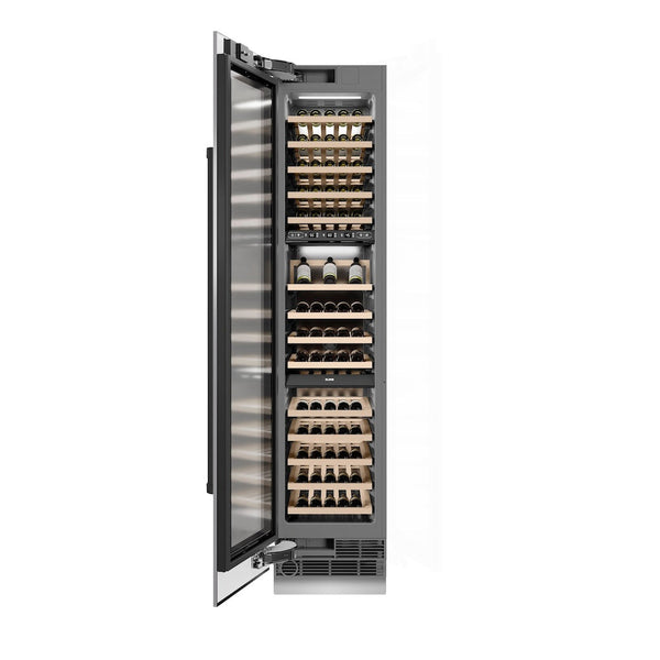 ZLINE Autograph Edition 18 in. 9.0 cu. ft. Triple Zone 68 Bottle Left Hinge Column Wine Cooler in Stainless Steel with Matte Black Accents (RCWVLZ-30418-MB) front, open, with wine on racks.