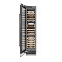 ZLINE Autograph Edition 18 in. 9.0 cu. ft. Triple Zone 68 Bottle Left Hinge Column Wine Cooler in Stainless Steel with Matte Black Accents (RCWVLZ-30418-MB) front, open.