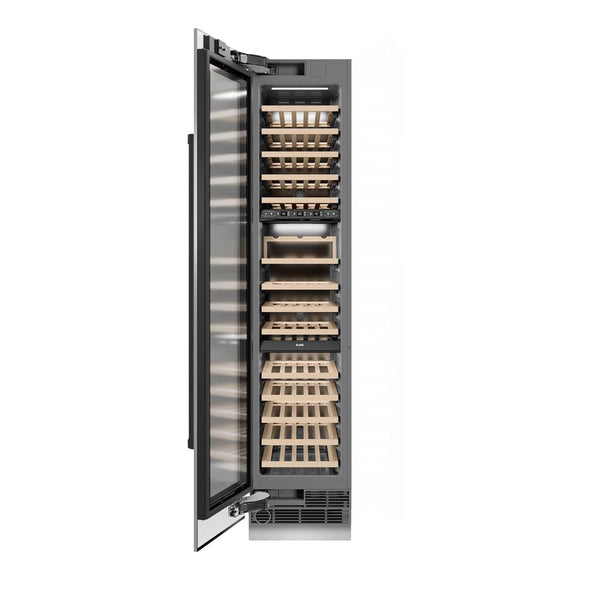 ZLINE Autograph Edition 18 in. 9.0 cu. ft. Triple Zone 68 Bottle Left Hinge Column Wine Cooler in Stainless Steel with Matte Black Accents (RCWVLZ-30418-MB) front, open.