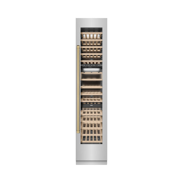 ZLINE Autograph Edition 18 in. 9.0 cu. ft. Triple Zone 68 Bottle Right Hinge Column Wine Cooler in Stainless Steel with Champagne Bronze Accents (RCWVRZ-30418-CB) front, closed.
