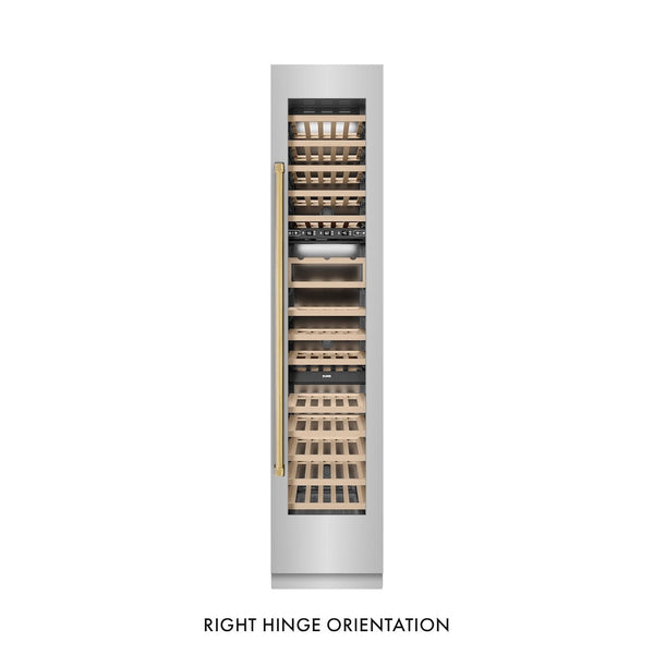 ZLINE Autograph Edition 18 in. 9.0 cu. ft. Triple Zone 68 Bottle Right Hinge Column Wine Cooler in Stainless Steel with Polished Gold Accents (RCWVRZ-30418-G) front, closed.