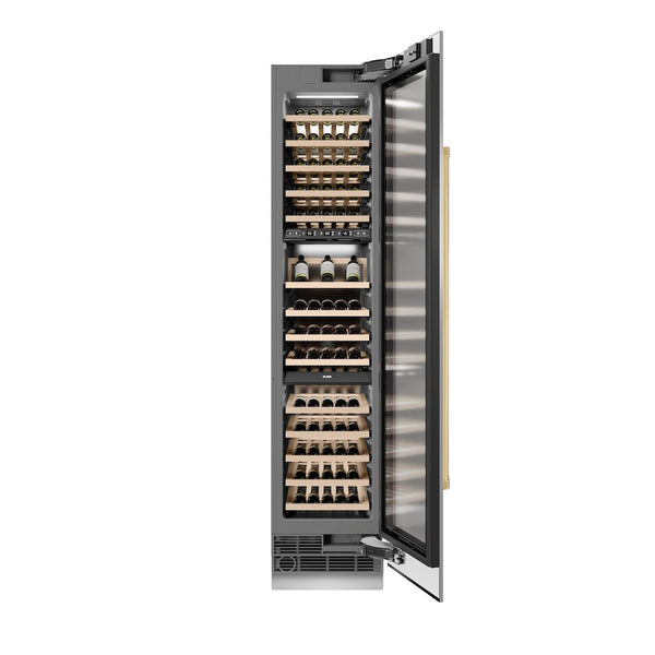 ZLINE Autograph Edition 18 in. 9.0 cu. ft. Triple Zone 68 Bottle Right Hinge Column Wine Cooler in Stainless Steel with Polished Gold Accents (RCWVRZ-30418-G) front, open, with wine on racks.