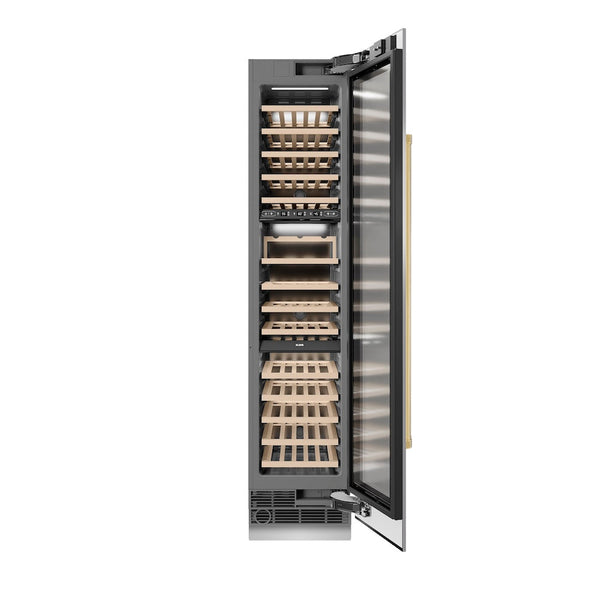 ZLINE Autograph Edition 18 in. 9.0 cu. ft. Triple Zone 68 Bottle Right Hinge Column Wine Cooler in Stainless Steel with Polished Gold Accents (RCWVRZ-30418-G) front, open.