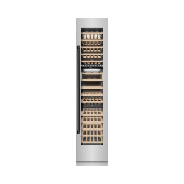 ZLINE Autograph Edition 18 in. 9.0 cu. ft. Triple Zone 68 Bottle Right Hinge Column Wine Cooler in Stainless Steel with Matte Black Accents (RCWVRZ-30418-MB) front, closed.