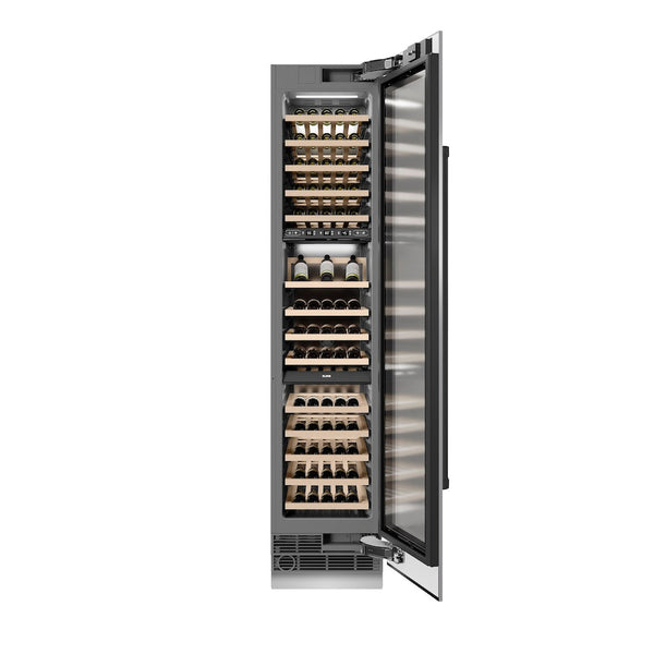 ZLINE Autograph Edition 18 in. 9.0 cu. ft. Triple Zone 68 Bottle Right Hinge Column Wine Cooler in Stainless Steel with Matte Black Accents (RCWVRZ-30418-MB) front, open, with wine on racks.