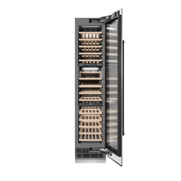 ZLINE Autograph Edition 18 in. 9.0 cu. ft. Triple Zone 68 Bottle Right Hinge Column Wine Cooler in Stainless Steel with Matte Black Accents (RCWVRZ-30418-MB) front, open.