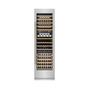 ZLINE Autograph Edition 24 in. 12.4 cu. ft. Triple Zone 100 Bottle Column Wine Cooler in Stainless Steel and Champagne Bronze Accents (RCWVZ-304-24-CB) front, closed, with wine on racks.