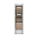 ZLINE Autograph Edition 24 in. 12.4 cu. ft. Triple Zone 100 Bottle Column Wine Cooler in Stainless Steel and Champagne Bronze Accents (RCWVZ-304-24-CB) front, closed.