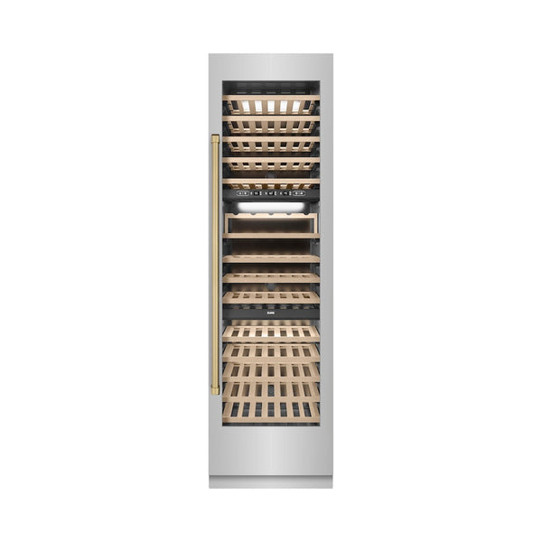ZLINE Autograph Edition 24 in. 12.4 cu. ft. Triple Zone 100 Bottle Column Wine Cooler in Stainless Steel and Champagne Bronze Accents (RCWVZ-304-24-CB) front, closed.
