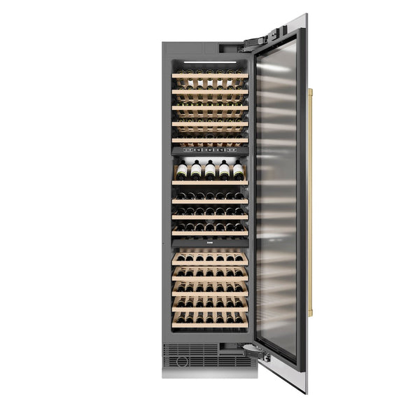 ZLINE Autograph Edition 24 in. 12.4 cu. ft. Triple Zone 100 Bottle Column Wine Cooler in Stainless Steel and Champagne Bronze Accents (RCWVZ-304-24-CB) front, open, with wine on racks.