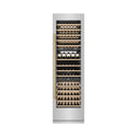 ZLINE Autograph Edition 24 in. 12.4 cu. ft. Triple Zone 100 Bottle Column Wine Cooler in Stainless Steel and Polished Gold Accents (RCWVZ-304-24-G) front, closed, with wine on racks.