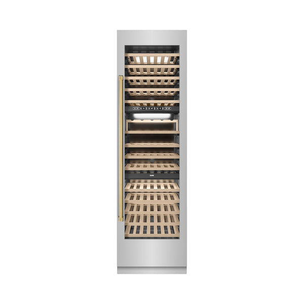 ZLINE Autograph Edition 24 in. 12.4 cu. ft. Triple Zone 100 Bottle Column Wine Cooler in Stainless Steel and Polished Gold Accents (RCWVZ-304-24-G) front, closed.