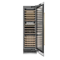 ZLINE Autograph Edition 24 in. 12.4 cu. ft. Triple Zone 100 Bottle Column Wine Cooler in Stainless Steel and Polished Gold Accents (RCWVZ-304-24-G) front, open, with wine on racks.
