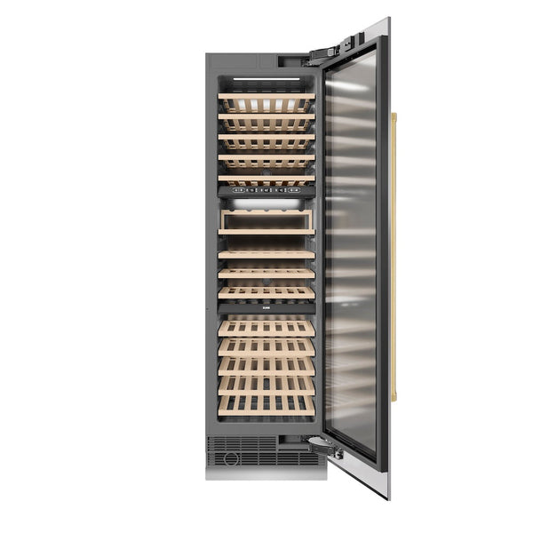 ZLINE Autograph Edition 24 in. 12.4 cu. ft. Triple Zone 100 Bottle Column Wine Cooler in Stainless Steel and Polished Gold Accents (RCWVZ-304-24-G) front, open.