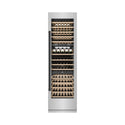 ZLINE Autograph Edition 24 in. 12.4 cu. ft. Triple Zone 100 Bottle Column Wine Cooler in Stainless Steel and Matte Black Accents (RCWVZ-304-24-MB) front, closed, with wine on racks.