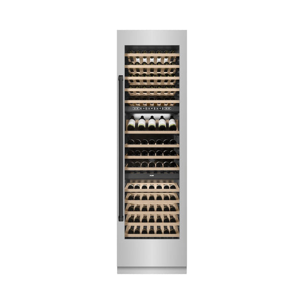 ZLINE Autograph Edition 24 in. 12.4 cu. ft. Triple Zone 100 Bottle Column Wine Cooler in Stainless Steel and Matte Black Accents (RCWVZ-304-24-MB) front, closed, with wine on racks.