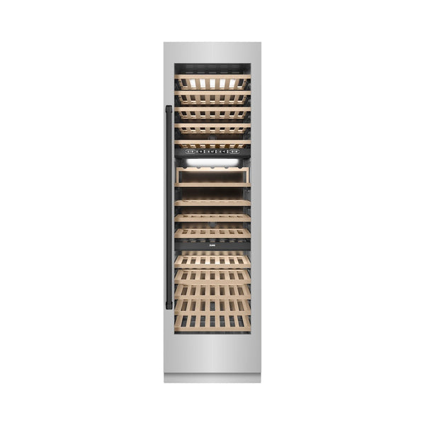 ZLINE Autograph Edition 24 in. 12.4 cu. ft. Triple Zone 100 Bottle Column Wine Cooler in Stainless Steel and Matte Black Accents (RCWVZ-304-24-MB) front, closed.