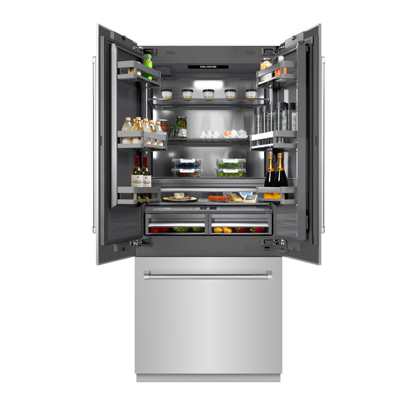 ZLINE 36 in. 19.6 cu. ft. French Door Built-In Bottom Freezer Refrigerator with Water Dispenser and Ice Maker in Stainless Steel with Graphite Gray Interior (GRBIV-304-36)