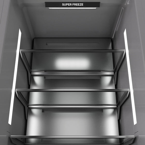 ZLINE Autograph Edition 18 in. 8.6 cu. ft. Left Hinge Column Freezer in White Matte with Graphite Gray Interior and Polished Gold Accents (RCFVLZ-WM-18-G) close-up detail, interior lighting.