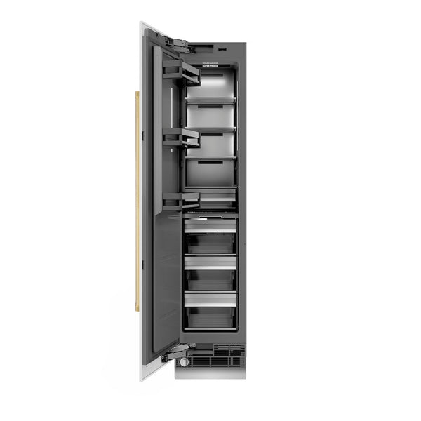ZLINE Autograph Edition 18 in. 8.6 cu. ft. Left Hinge Column Freezer in White Matte with Graphite Gray Interior and Polished Gold Accents (RCFVLZ-WM-18-G) front, open.