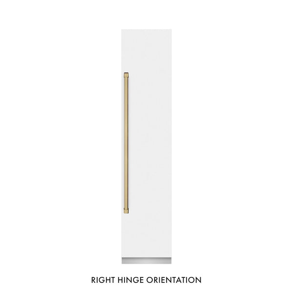 ZLINE Autograph Edition 18 in. 8.6 cu. ft. Right Hinge Column Freezer in White Matte with Graphite Gray Interior and Champagne Bronze Accents (RCFVRZ-WM-18-CB) front, closed.