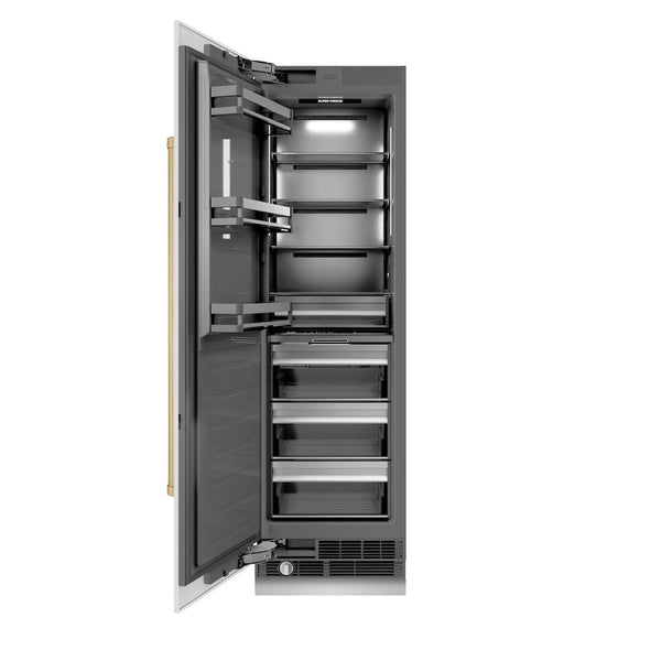 ZLINE Autograph Edition 24 in. 12.4 cu. ft. Column Freezer in White Matte with Graphite Gray Interior and Champagne Bronze Accents (RCFVZ-WM-24-CB) front, open.