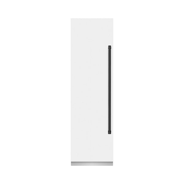 ZLINE Autograph Edition 24 in. 12.4 cu. ft. Column Freezer in White Matte with Graphite Gray Interior and Matte Black Accents (RCFVZ-WM-24-MB) front, closed.