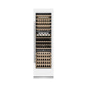 ZLINE 24 in. 12.4 cu. ft. Triple Zone 100 Bottle Column Wine Cooler in White Matte (RCWV-WM-24) front, closed, with wine on racks.