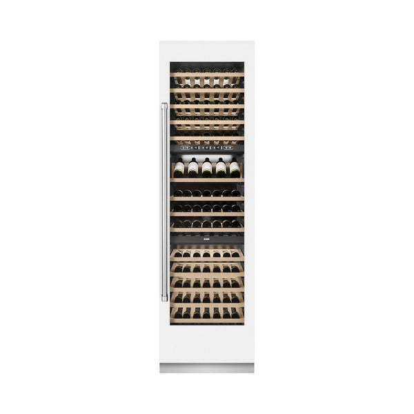 ZLINE 24 in. 12.4 cu. ft. Triple Zone 100 Bottle Column Wine Cooler in White Matte (RCWV-WM-24) front, closed, with wine on racks.