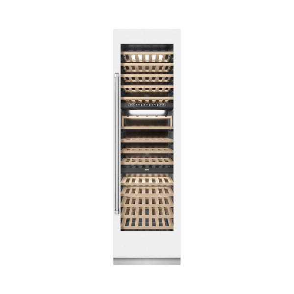 ZLINE 24 in. 12.4 cu. ft. Triple Zone 100 Bottle Column Wine Cooler in White Matte (RCWV-WM-24) front, closed.
