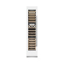 ZLINE 18 in. 9.0 cu. ft. Triple Zone 68 Bottle Left Hinge Column Wine Cooler in White Matte (RCWVL-WM-18) front, closed, with wine on racks.