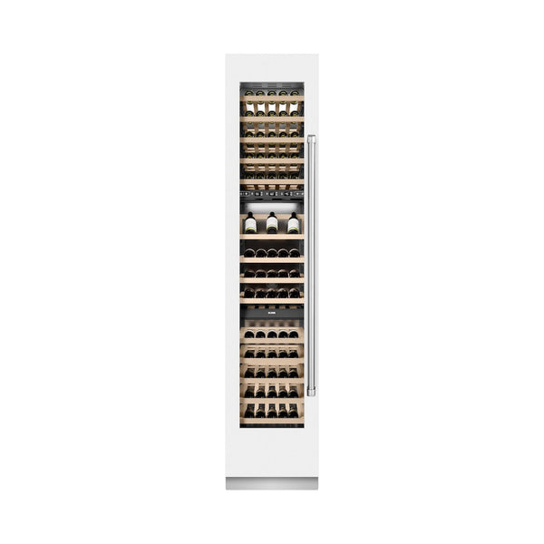 ZLINE 18 in. 9.0 cu. ft. Triple Zone 68 Bottle Left Hinge Column Wine Cooler in White Matte (RCWVL-WM-18) front, closed, with wine on racks.