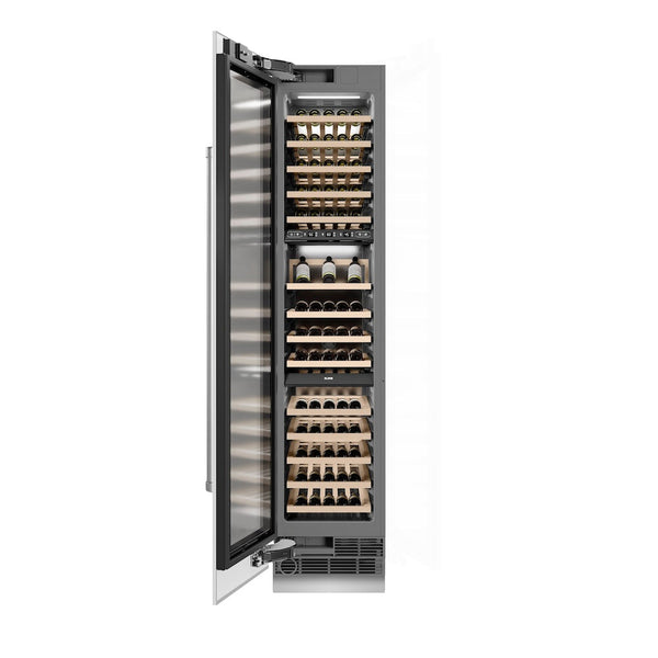 ZLINE 18 in. 9.0 cu. ft. Triple Zone 68 Bottle Left Hinge Column Wine Cooler in White Matte (RCWVL-WM-18) front, open, with wine on racks.